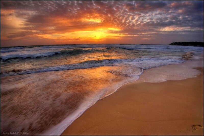 Ocean Waves at Sunset — Orange, Dramatic, Photograph, Sand, Sky