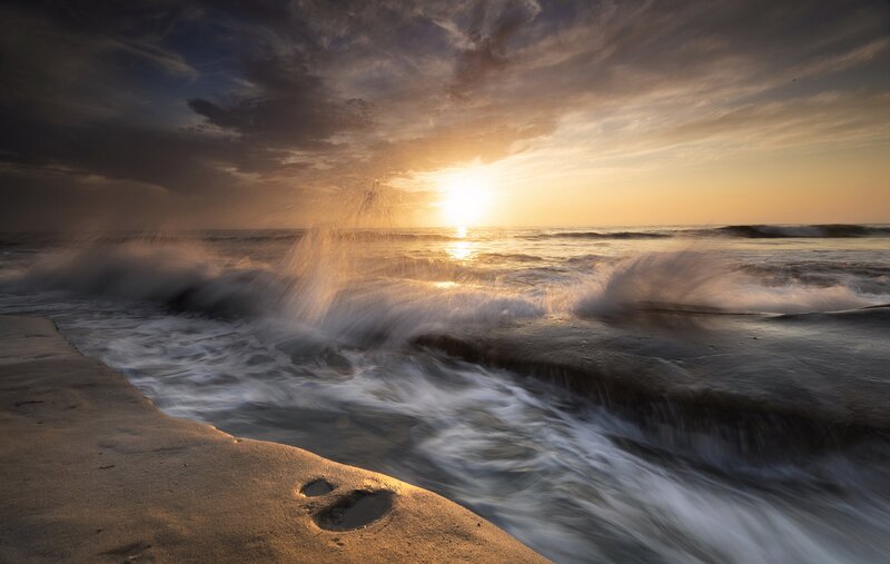 Ocean Waves at Sunset — Orange, Dramatic, Photograph, Sand