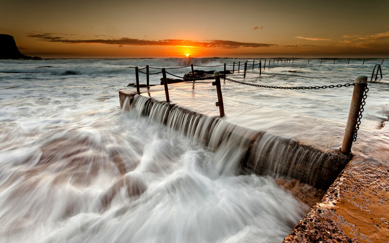 Ocean Waves at Sunset — Orange, Dramatic, Photograph, Sea, Chain Fence