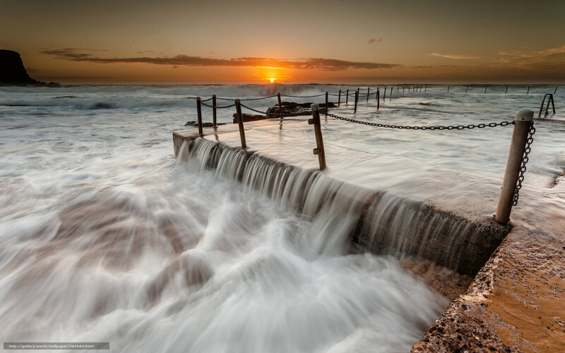 Ocean Waves at Sunset — Orange, Dramatic, Photograph, Sea, Fence