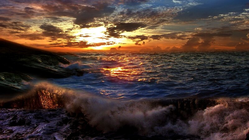 Ocean Waves at Sunset — Orange, Dramatic, Photograph, Sea, Sky, Rocks