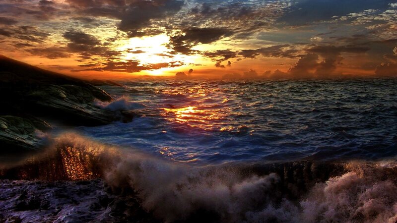 Ocean Waves at Sunset — Orange, Dramatic, Photograph, Sea, Sky