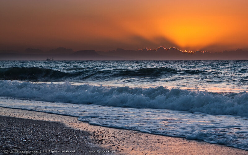 Ocean Waves at Sunset — Orange, Dramatic, Photograph, Ship, Beach