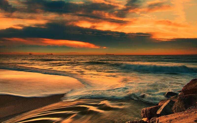 Ocean Waves at Sunset — Orange, Dramatic, Photograph, Ships, Rocks