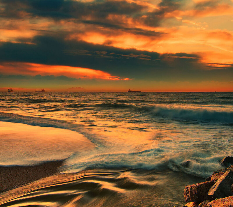 Ocean Waves at Sunset — Orange, Dramatic, Photograph, Ships
