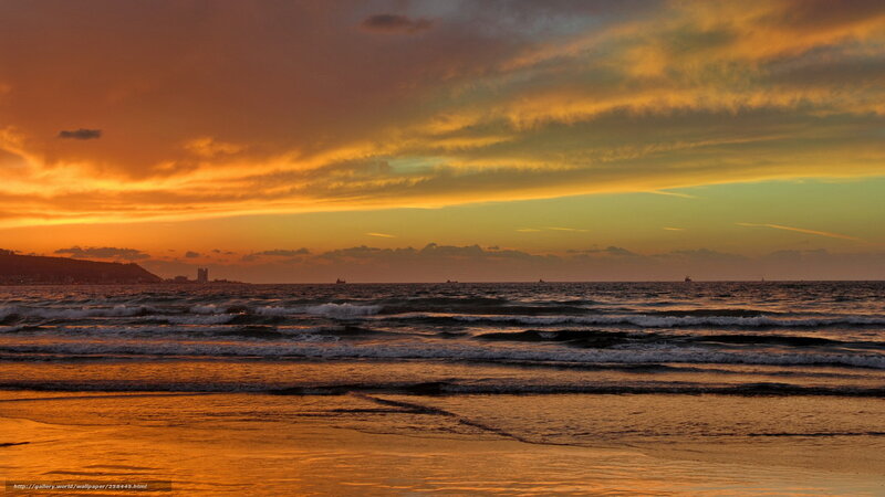 Ocean Waves at Sunset — Orange, Dramatic, Photograph, Sky, Beach, Ship