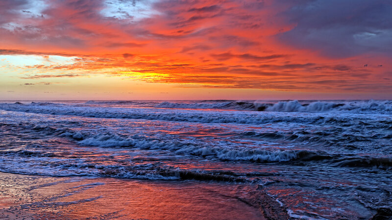 Ocean Waves at Sunset — Orange, Dramatic, Photograph, Sky, Beach