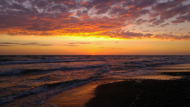 Ocean Waves at Sunset — Orange, Dramatic, Photograph, Sky, Clouds, Beach