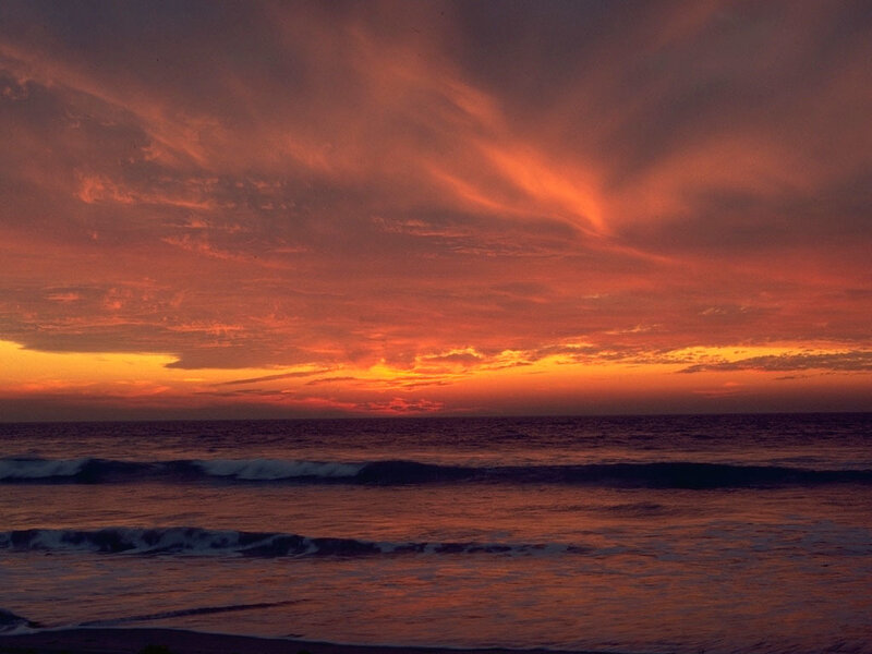 Ocean Waves at Sunset — Orange, Dramatic, Photograph, Sky, Clouds, Red, Dark Blue