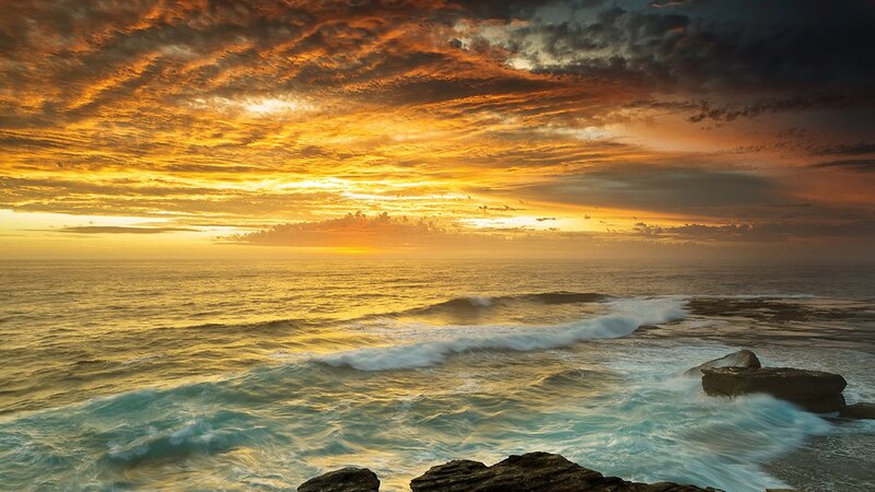 Ocean Waves at Sunset — Orange, Dramatic, Photograph, Sky, Clouds, Rocks, Yellow