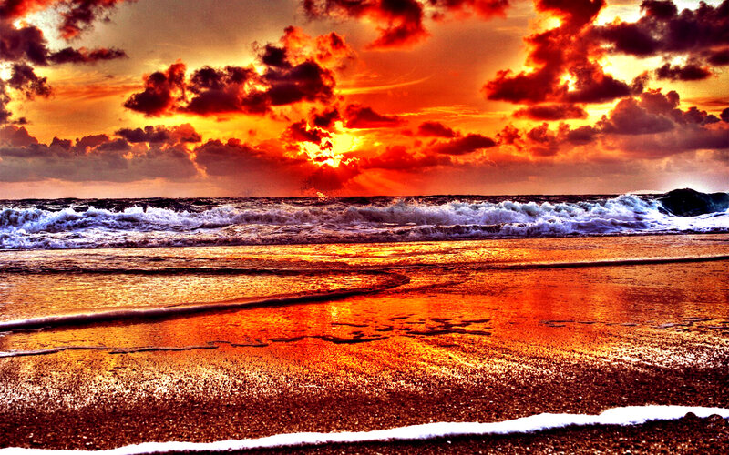 Ocean Waves at Sunset — Orange, Dramatic, Photograph, Sky, Clouds, Sand