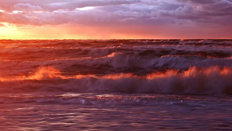 Ocean Waves at Sunset — Orange, Dramatic, Photograph, Sky, Clouds, Sea, Purple