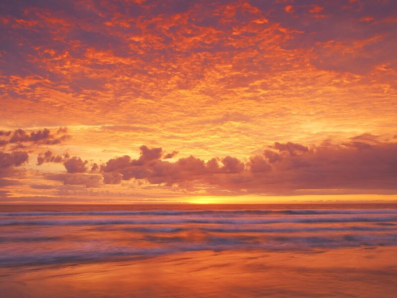 Ocean Waves at Sunset — Orange, Dramatic, Photograph, Sky, Clouds, Sea, Red