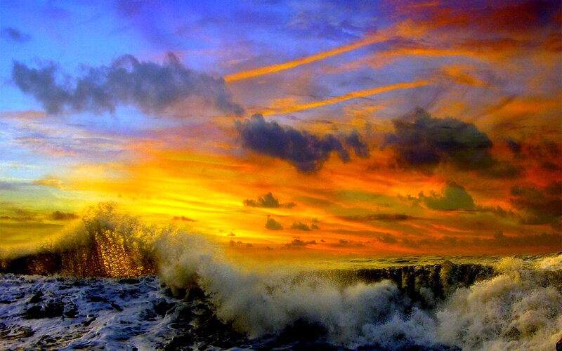 Ocean Waves at Sunset — Orange, Dramatic, Photograph, Sky, Clouds, Sea