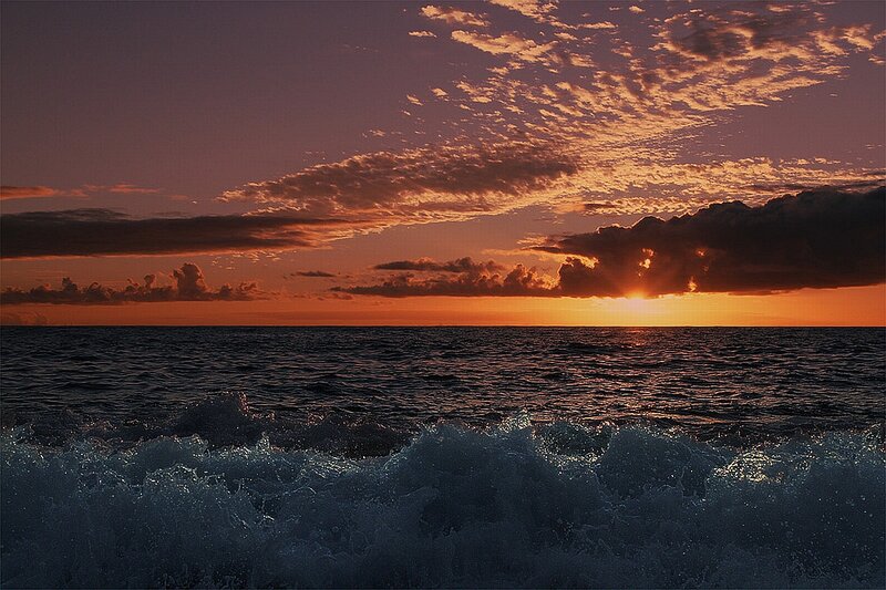 Ocean Waves at Sunset — Orange, Dramatic, Photograph, Sky, Clouds, Sun