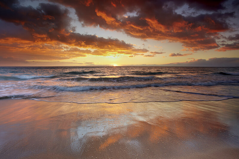 Ocean Waves at Sunset — Orange, Dramatic, Photograph, Sky, Clouds