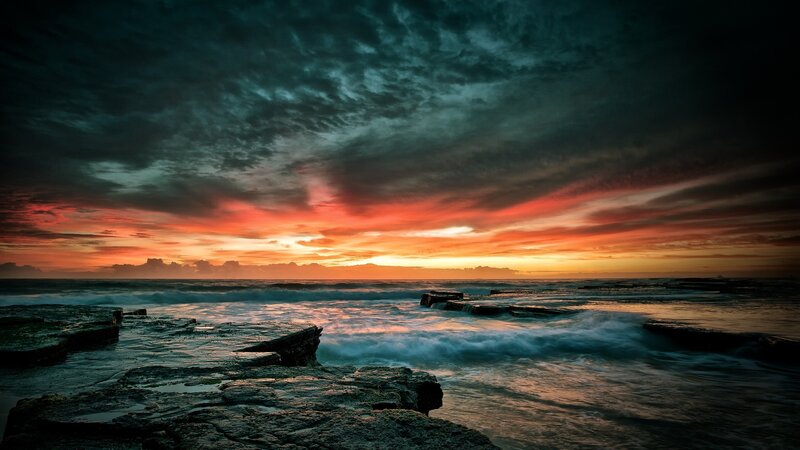 Ocean Waves at Sunset — Orange, Dramatic, Photograph, Sky, Rocks, Clouds, Blue