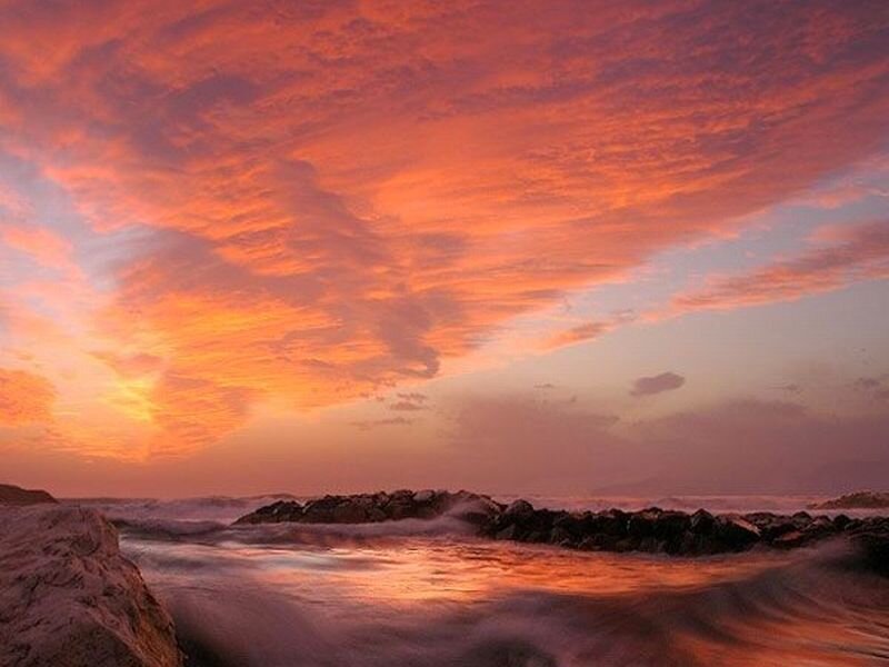 Ocean Waves at Sunset — Orange, Dramatic, Photograph, Sky, Rocks, Clouds