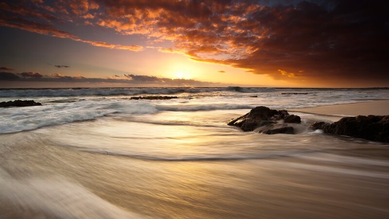 Ocean Waves at Sunset — Orange, Dramatic, Photograph, Sky, Rocks, Sand