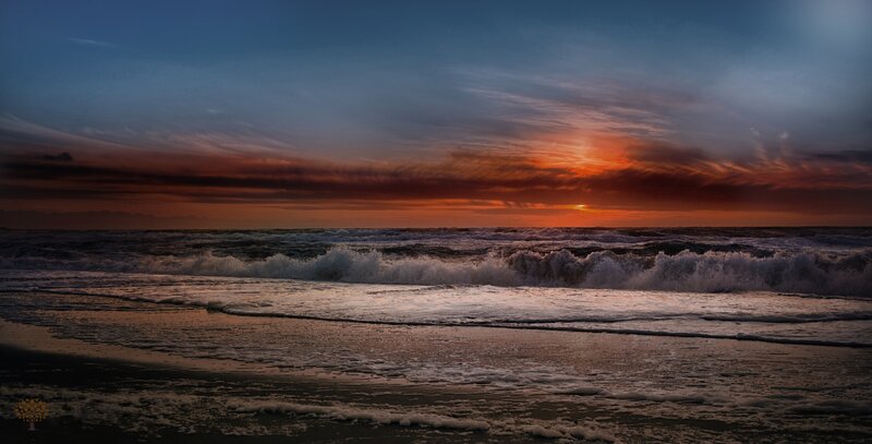 Ocean Waves at Sunset — Orange, Dramatic, Photograph, Sky, Sand, Clouds
