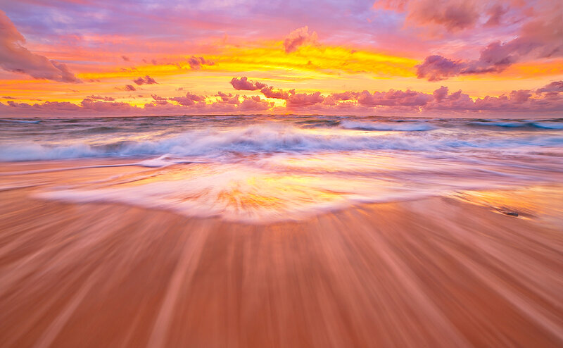 Ocean Waves at Sunset — Orange, Dramatic, Photograph, Sky, Sand
