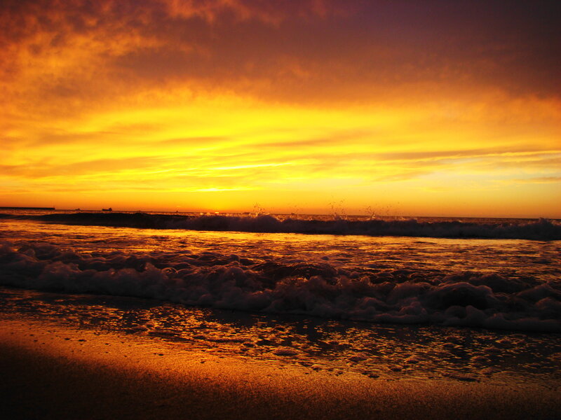 Ocean Waves at Sunset — Orange, Dramatic, Photograph, Sky, Sand, Yellow, Black