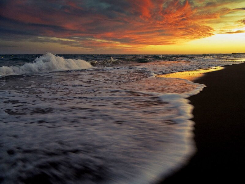 Ocean Waves at Sunset — Orange, Dramatic, Photograph, Sky, Sand, Yellow