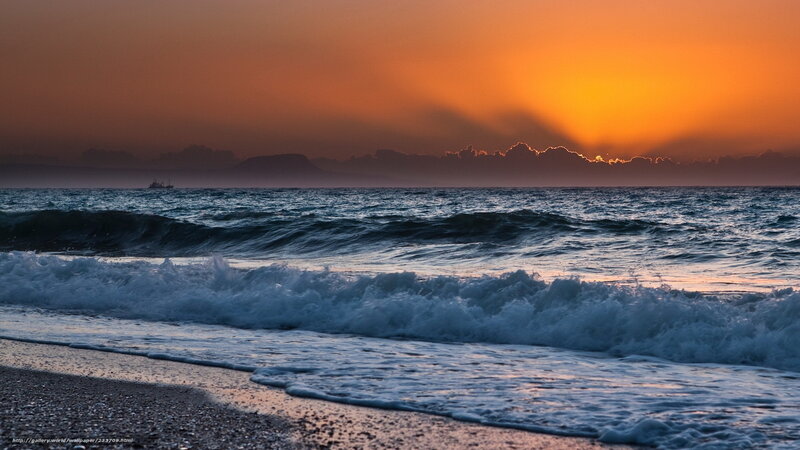 Ocean Waves at Sunset — Orange, Dramatic, Photograph, Sun, Boat