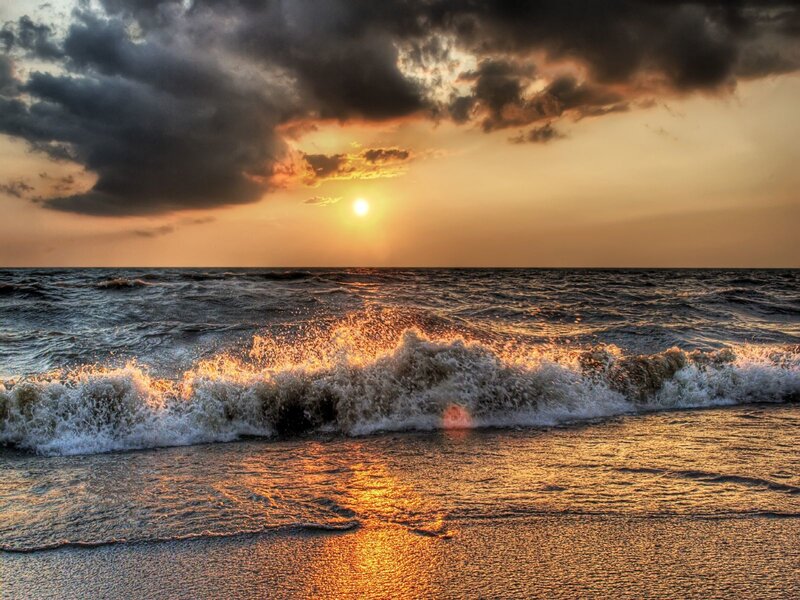 Ocean Waves at Sunset — Orange, Dramatic, Photograph, Sun, Clouds, Beach, Blue, Gray
