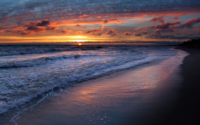 Ocean Waves at Sunset — Orange, Dramatic, Photograph, Sun, Clouds, Beach, Purple