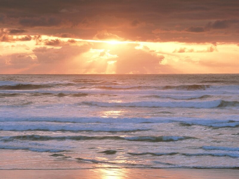 Ocean Waves at Sunset — Orange, Dramatic, Photograph, Sun, Clouds, Beach, Yellow