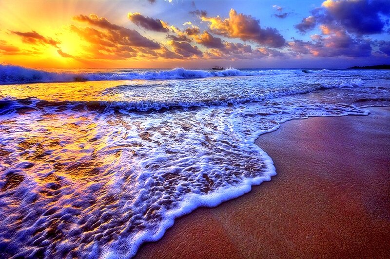 Ocean Waves at Sunset — Orange, Dramatic, Photograph, Sun, Clouds, Boat
