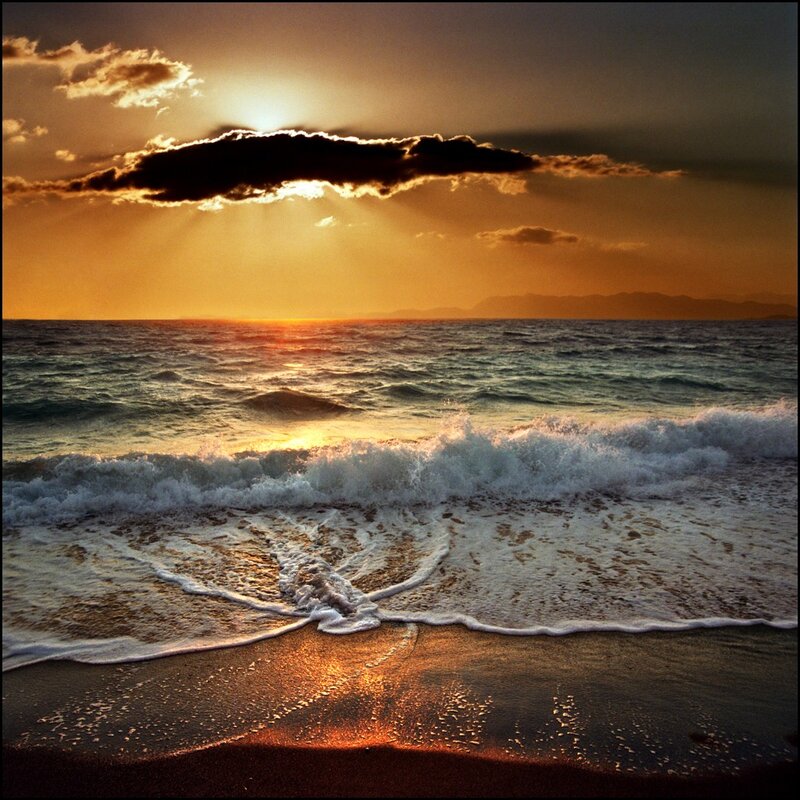 Ocean Waves at Sunset — Orange, Dramatic, Photograph, Sun, Clouds, Mountains