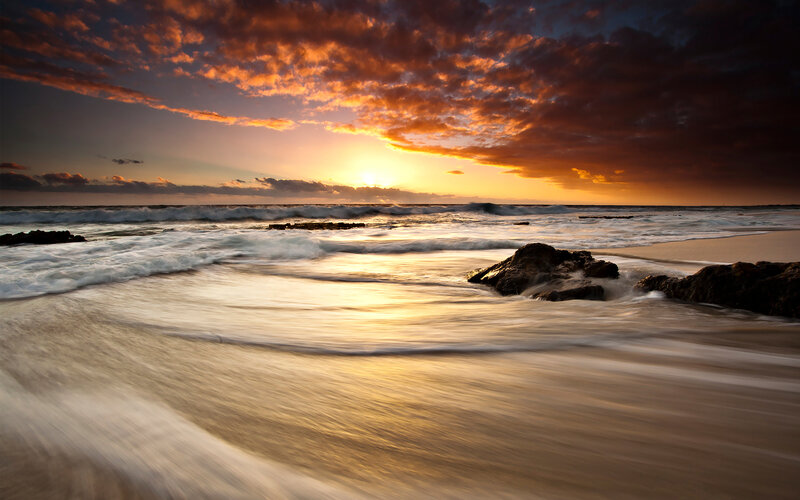 Ocean Waves at Sunset — Orange, Dramatic, Photograph, Sun, Clouds, Rocks, Beach