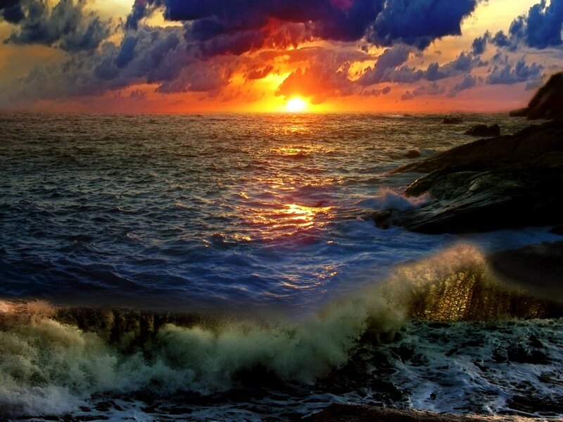 Ocean Waves at Sunset — Orange, Dramatic, Photograph, Sun, Clouds, Rocks, Blue, Purple