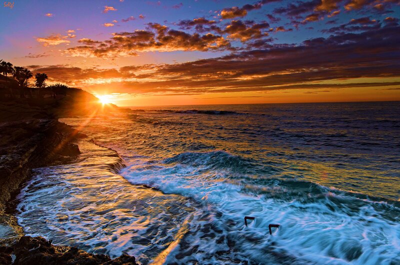 Ocean Waves at Sunset — Orange, Dramatic, Photograph, Sun, Clouds, Rocks, Palm Trees