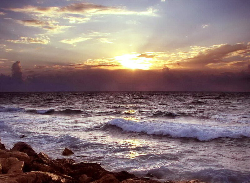 Ocean Waves at Sunset — Orange, Dramatic, Photograph, Sun, Clouds, Rocks, Purple