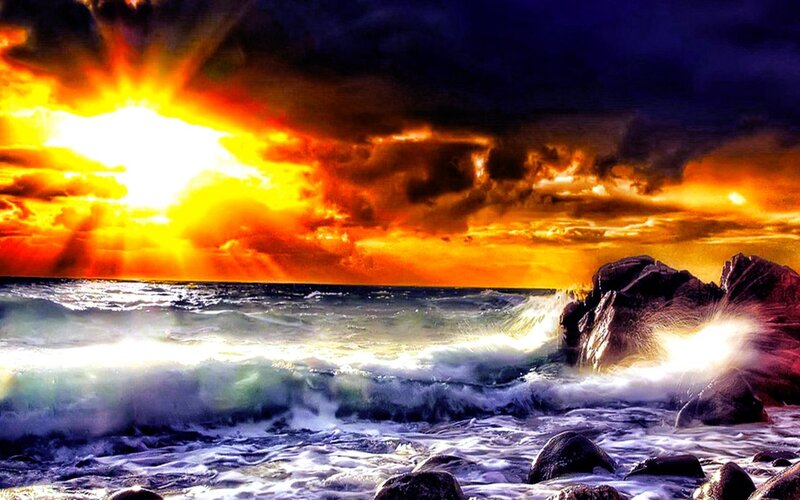 Ocean Waves at Sunset — Orange, Dramatic, Photograph, Sun, Clouds, Rocks, Yellow, Blue