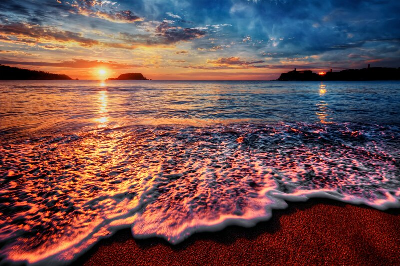 Ocean Waves at Sunset — Orange, Dramatic, Photograph, Sun, Clouds, Sand, Island