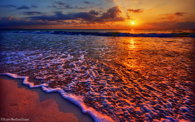 Ocean Waves at Sunset — Orange, Dramatic, Photograph, Sun, Clouds, Sand