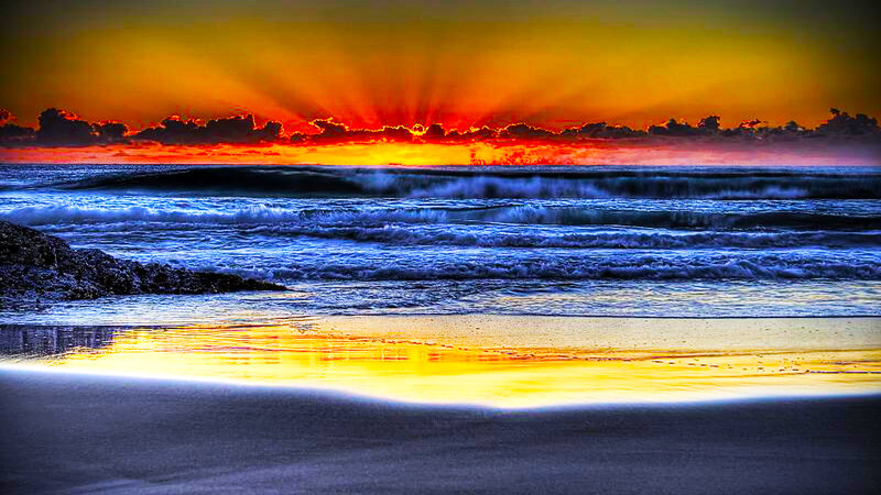 Ocean Waves at Sunset — Orange, Dramatic, Photograph, Sun, Clouds, Sand, Yellow