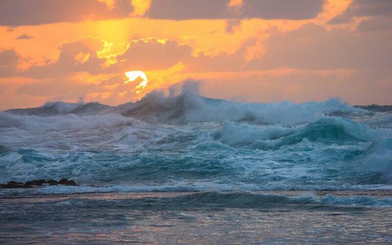 Ocean Waves at Sunset — Orange, Dramatic, Photograph, Sun, Clouds, Sea Foam