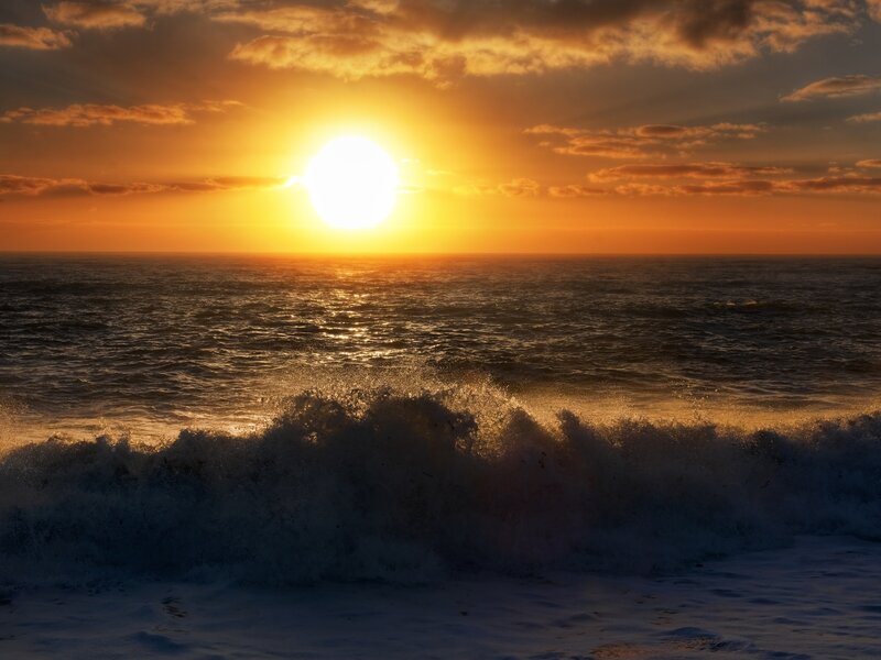 Ocean Waves at Sunset — Orange, Dramatic, Photograph, Sun, Clouds, Sea