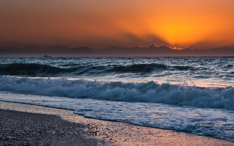 Ocean Waves at Sunset — Orange, Dramatic, Photograph, Sun, Clouds, Ship