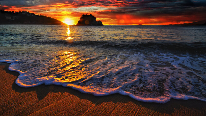 Ocean Waves at Sunset — Orange, Dramatic, Photograph, Sun, Rock, Beach