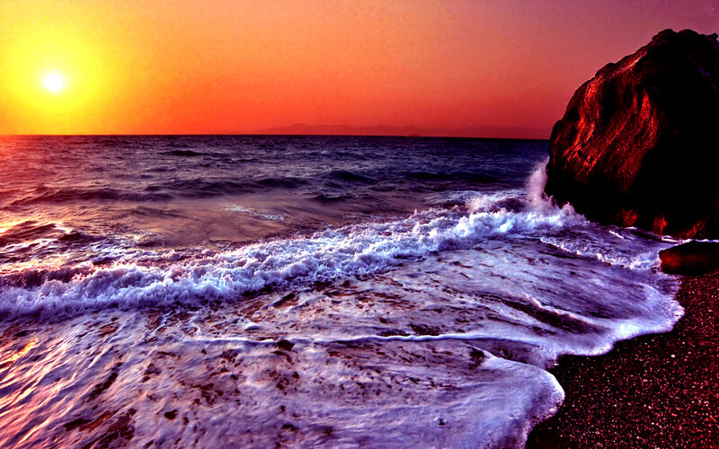 Ocean Waves at Sunset — Orange, Dramatic, Photograph, Sun, Rock