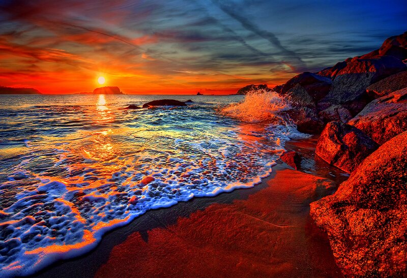 Ocean Waves at Sunset — Orange, Dramatic, Photograph, Sun, Rocks, Beach