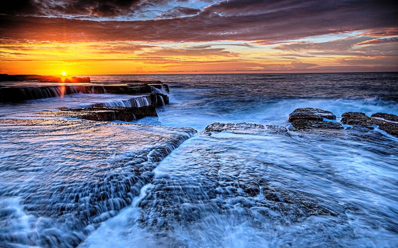 Ocean Waves at Sunset — Orange, Dramatic, Photograph, Sun, Rocks, Clouds