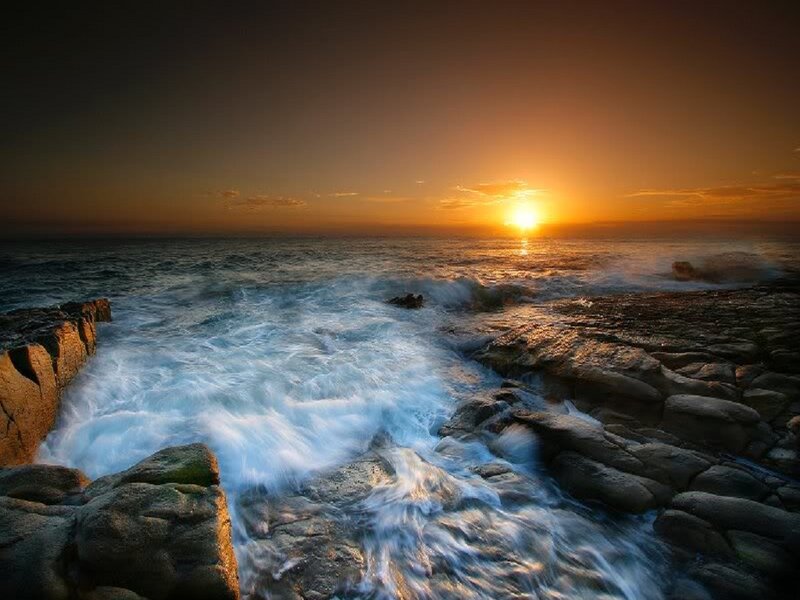 Ocean Waves at Sunset — Orange, Dramatic, Photograph, Sun, Rocks, Sea