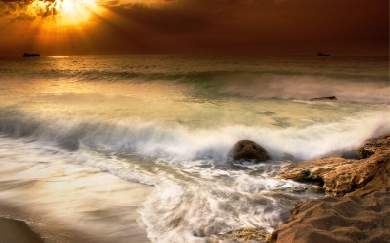 Ocean Waves at Sunset — Orange, Dramatic, Photograph, Sun, Rocks